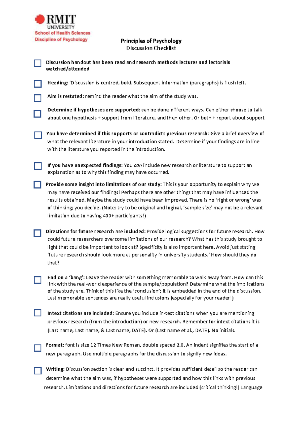 PSY101 Principles of Psychology Discussion Checklist & Guidelines - Studocu