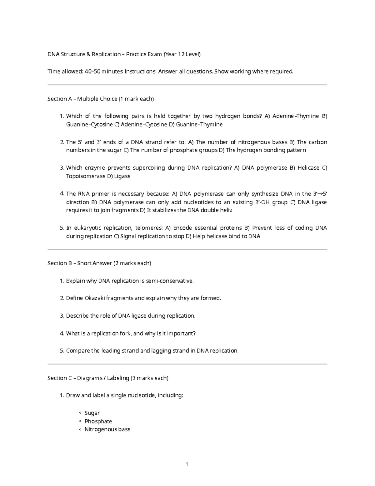 DNA Structure & Replication Practice Exam (Year 12) - Studocu