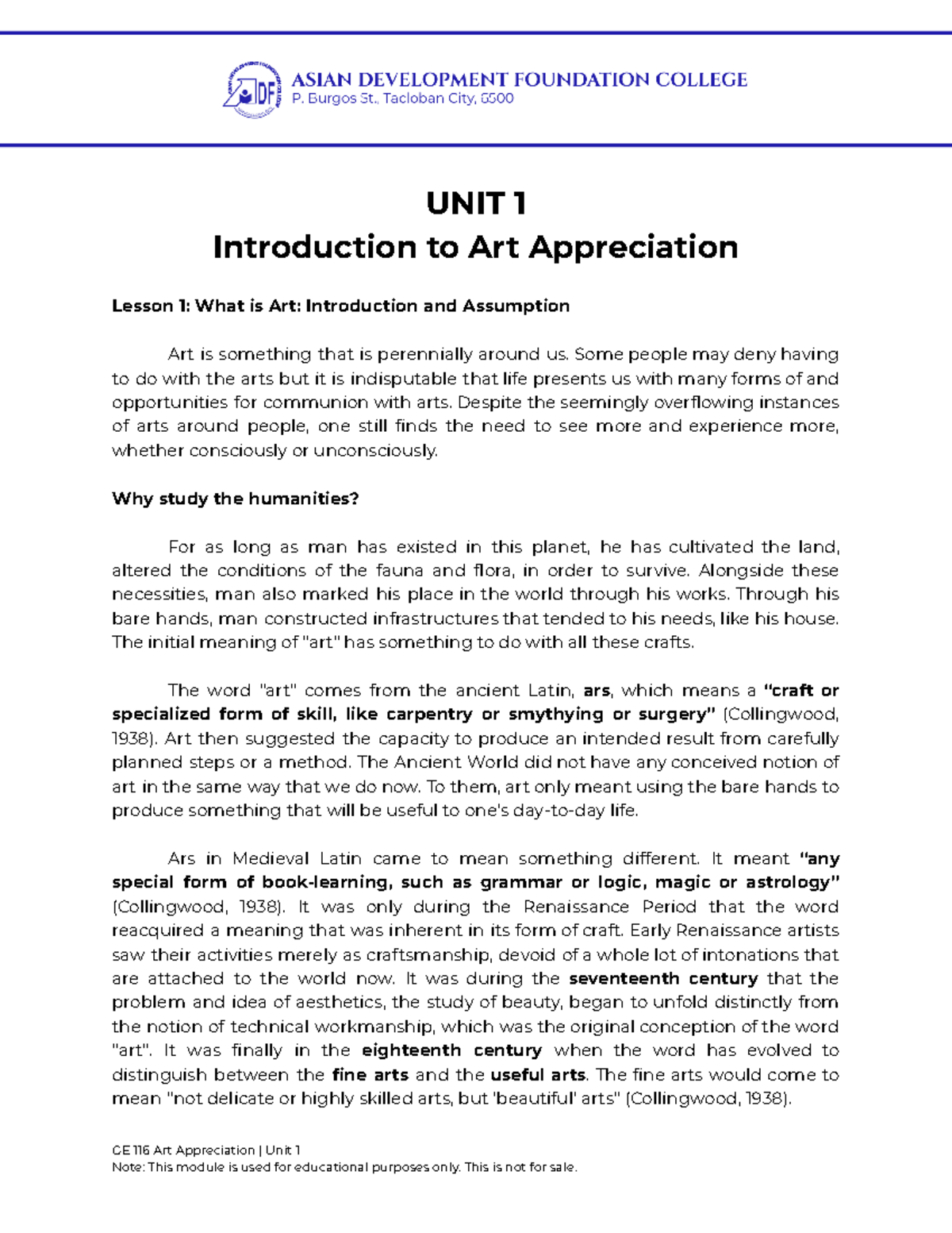 GE116 Art Appreciation: Unit 1 - Intro to Art & Its Assumptions - Studocu
