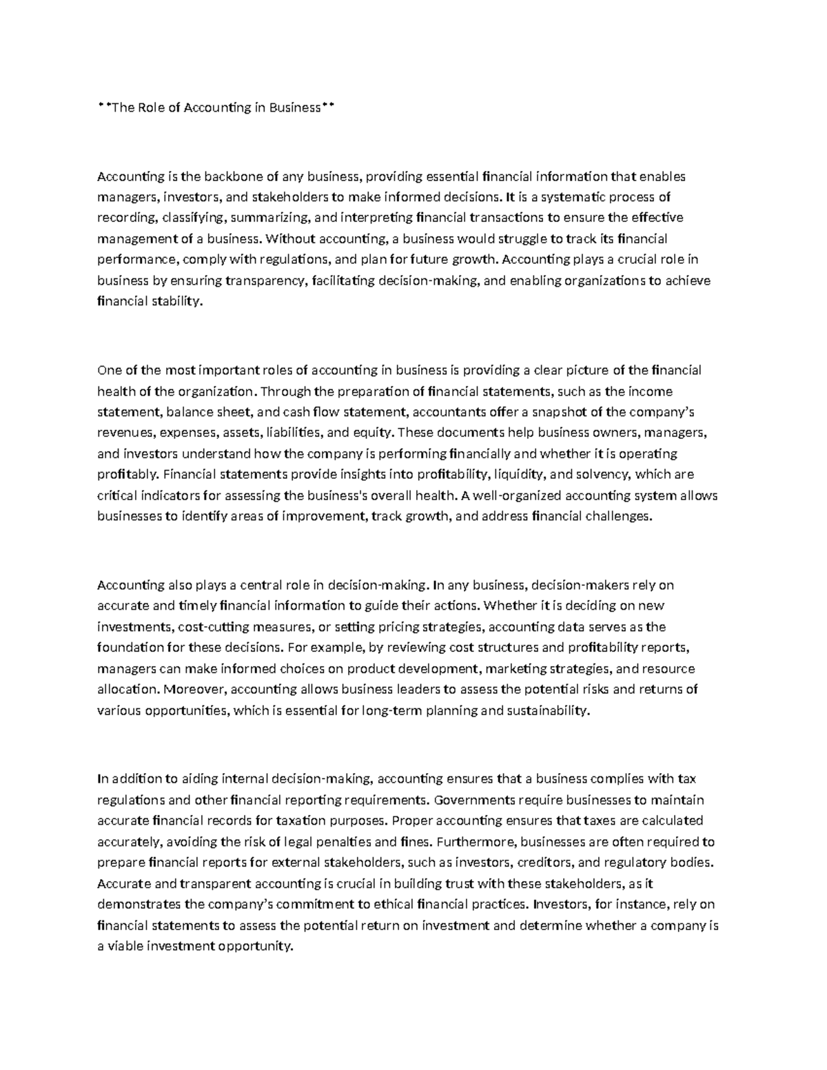 The Importance of Accounting in Business Operations and Decisions - Studocu