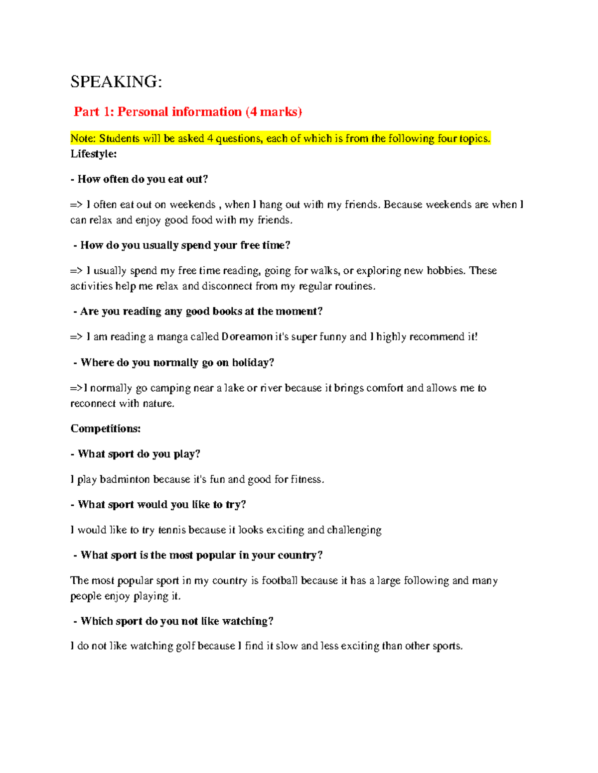 SPEAKING: Personal Info & Talk Strategies (SPEAK 4 Marks) - Studocu