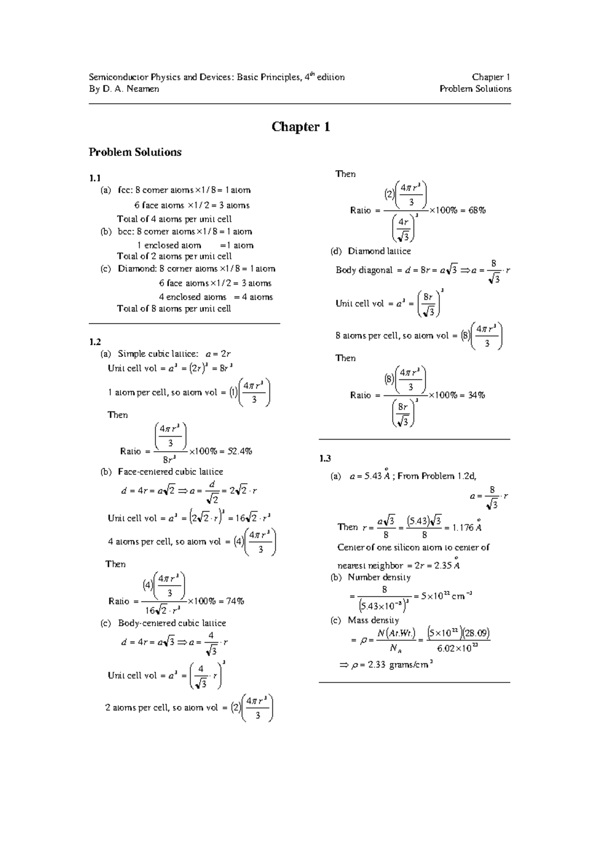 반도체 물성과 소자 Chapter 1 문제 풀이 Semiconductor Physics Devices Ch 1