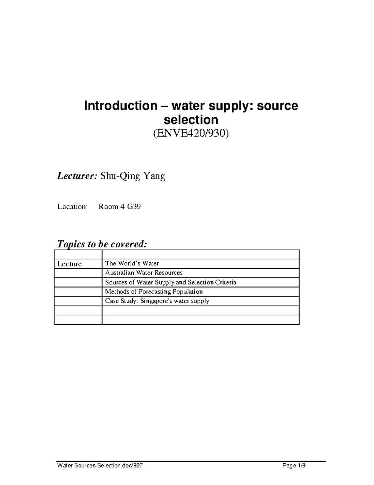 Water Sources Selection and Case Study of Singapore (ENVE420/930) - Studocu