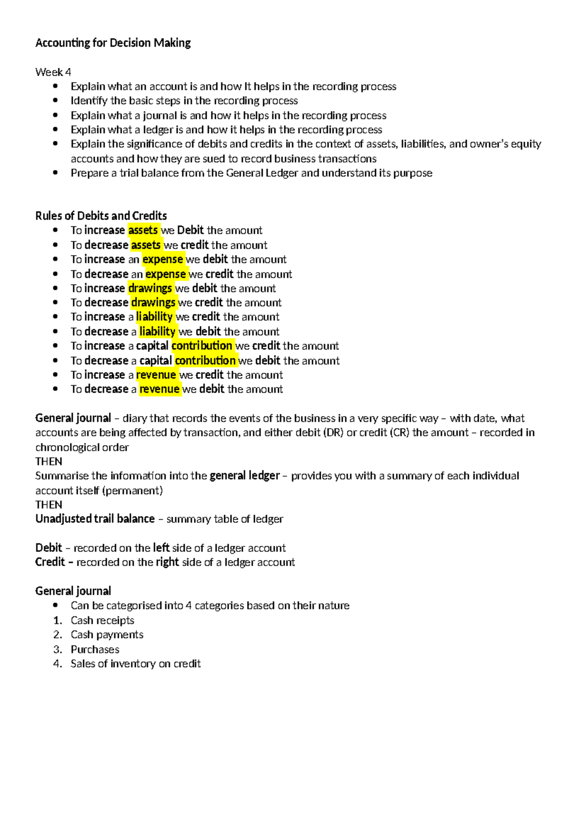ACC 101 - Accounting for Decision Making - Week 4 Study Notes - Studocu