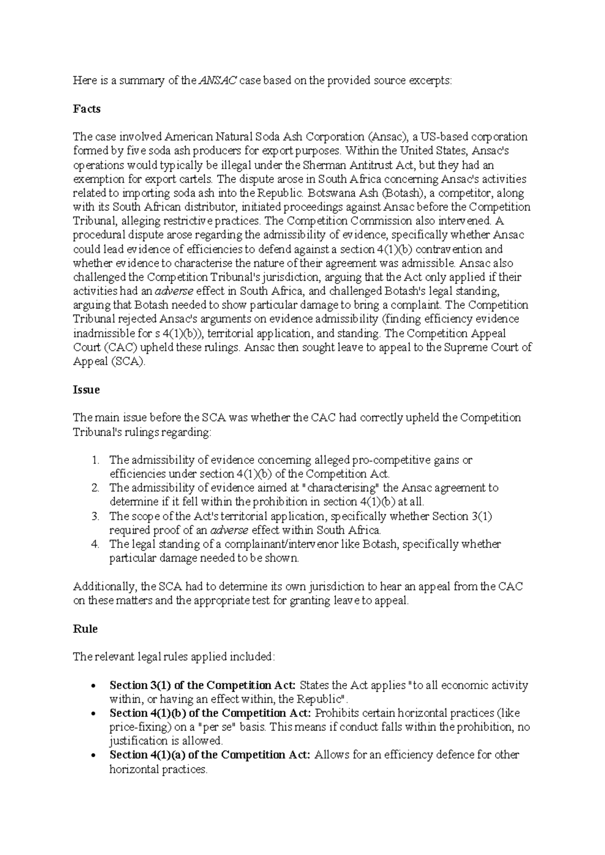 ANSAC Case Summary: Key Legal Issues and SCA Rulings Analysis - Studocu
