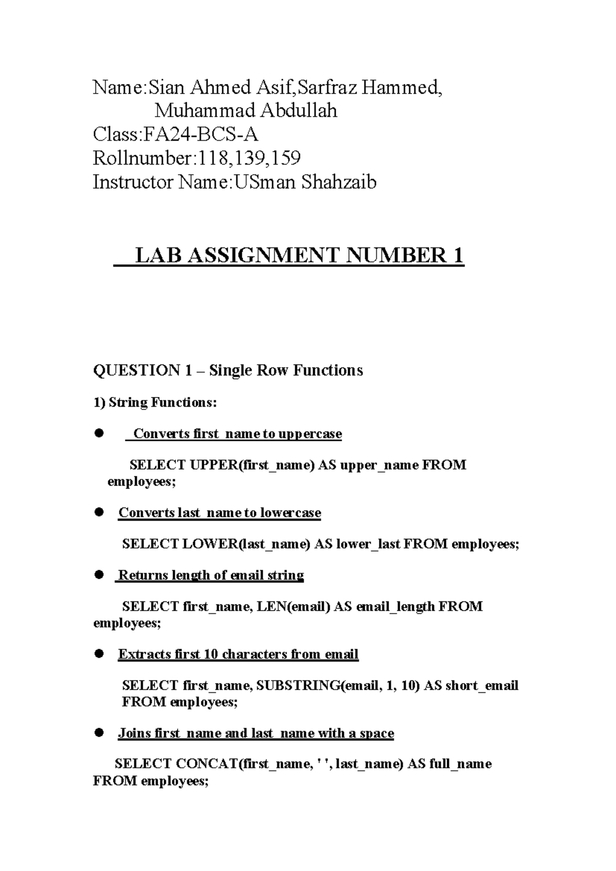 Lab Assignment 1: SQL Functions and Group Queries - Studocu