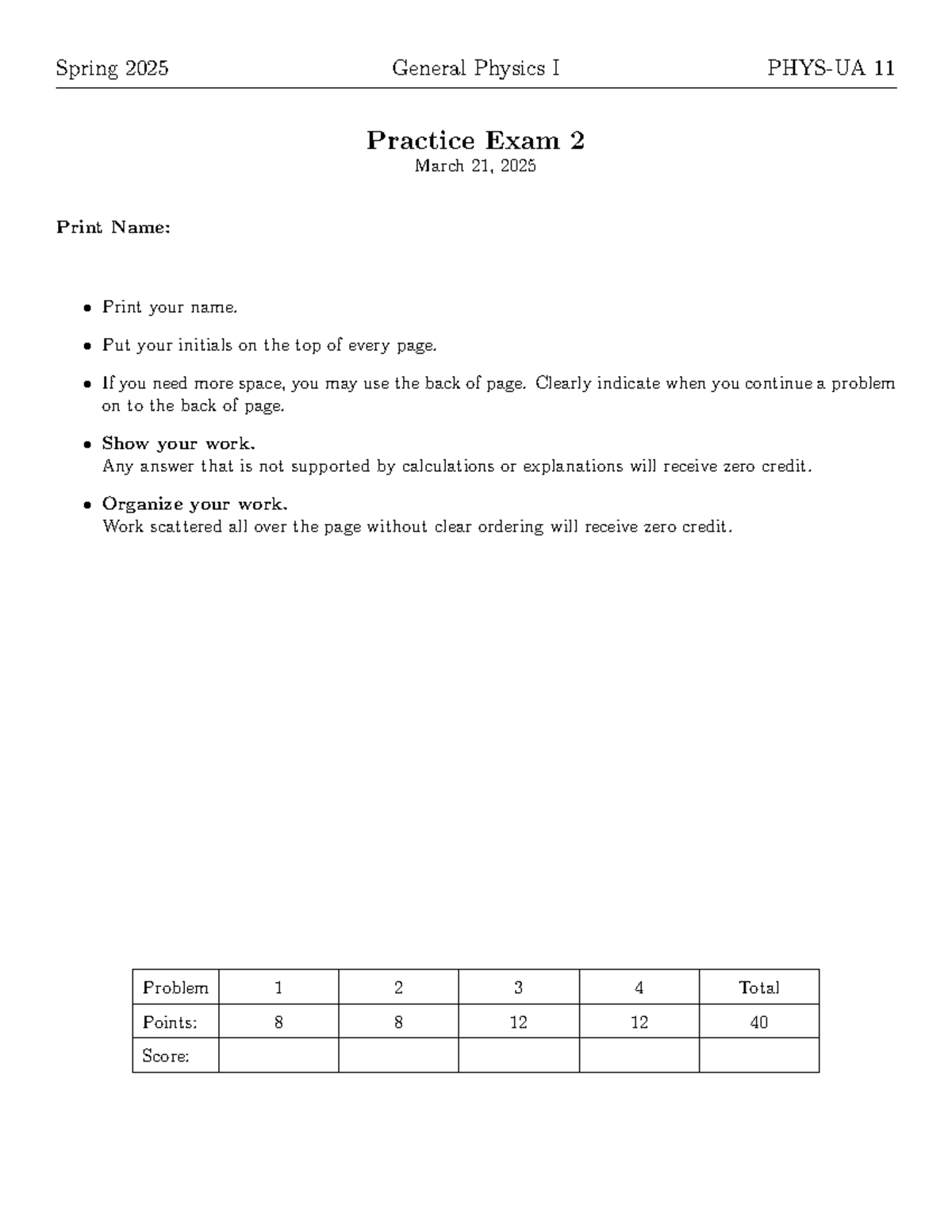 Spring 2025 General Physics I - Practice Exam 2 - Studocu