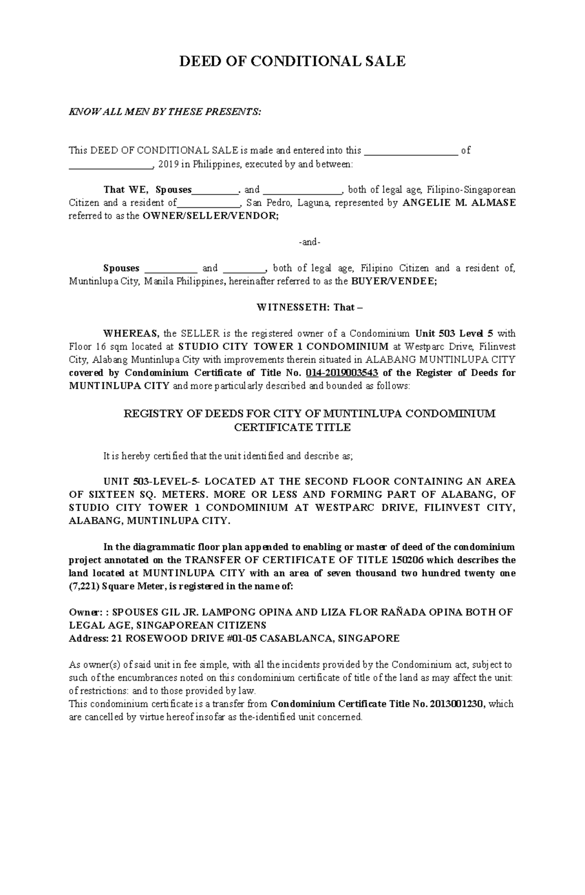 Deed of Conditional Sale for Unit 503, Studio City Tower 1 - Studocu