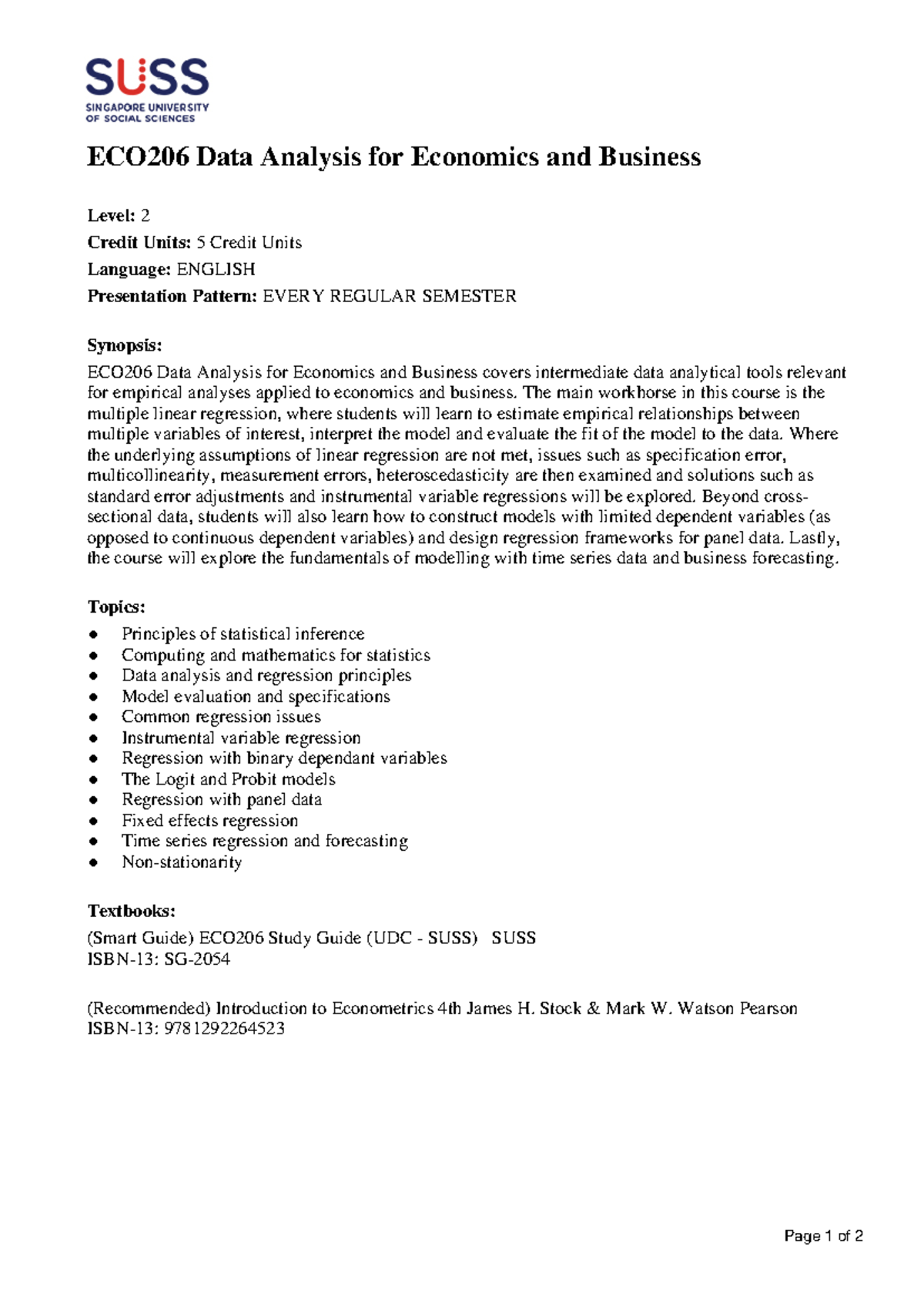 ECO206 Data Analysis for Economics and Business Course Summary - Studocu