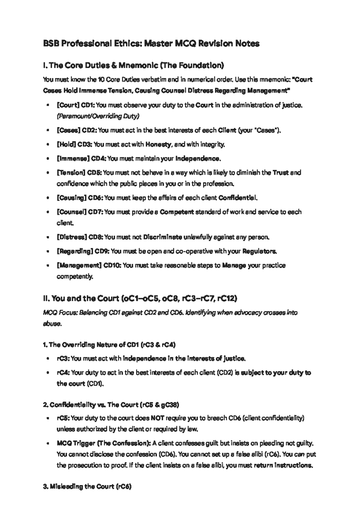 BSB Professional Ethics: Core Duties MCQ Revision Notes - Studocu
