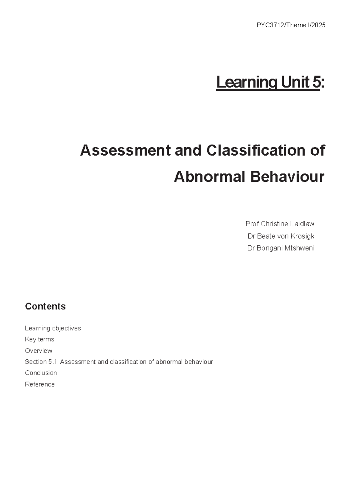 PYC3712 B0 LS04 005 - Assessment & Classification of Abnormal Behaviour ...