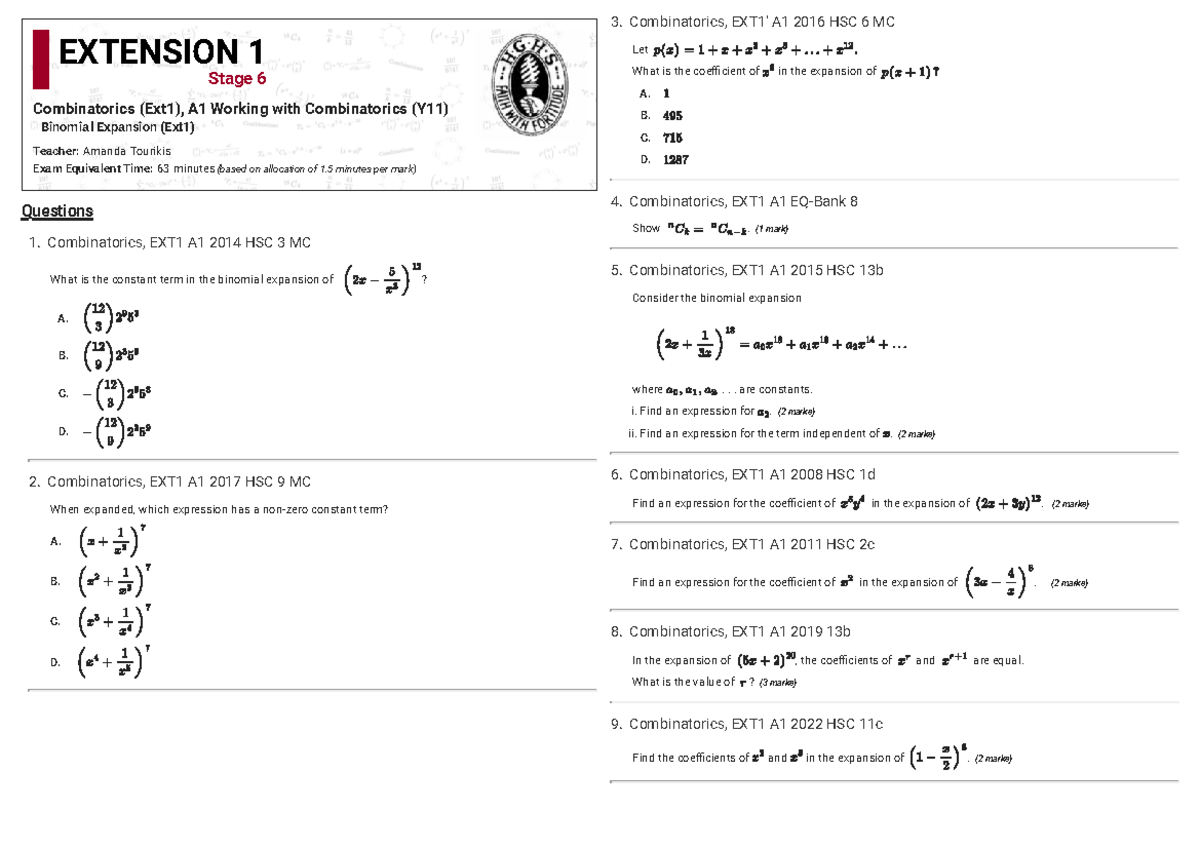Combinatorics EXT1 A1 Binomial Expansions Review for HSC - Studocu