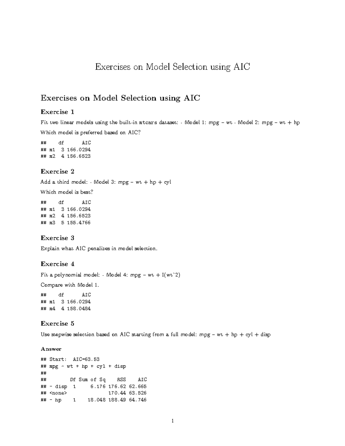 AIC Model Selection Exercises for Statistical Analysis (STAT 101) - Studocu