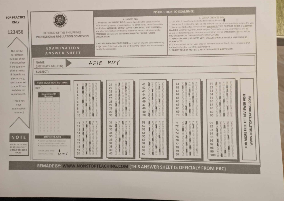 PRC Exam Instructions: Answer Sheet Guidelines for Day1 AM - Studocu