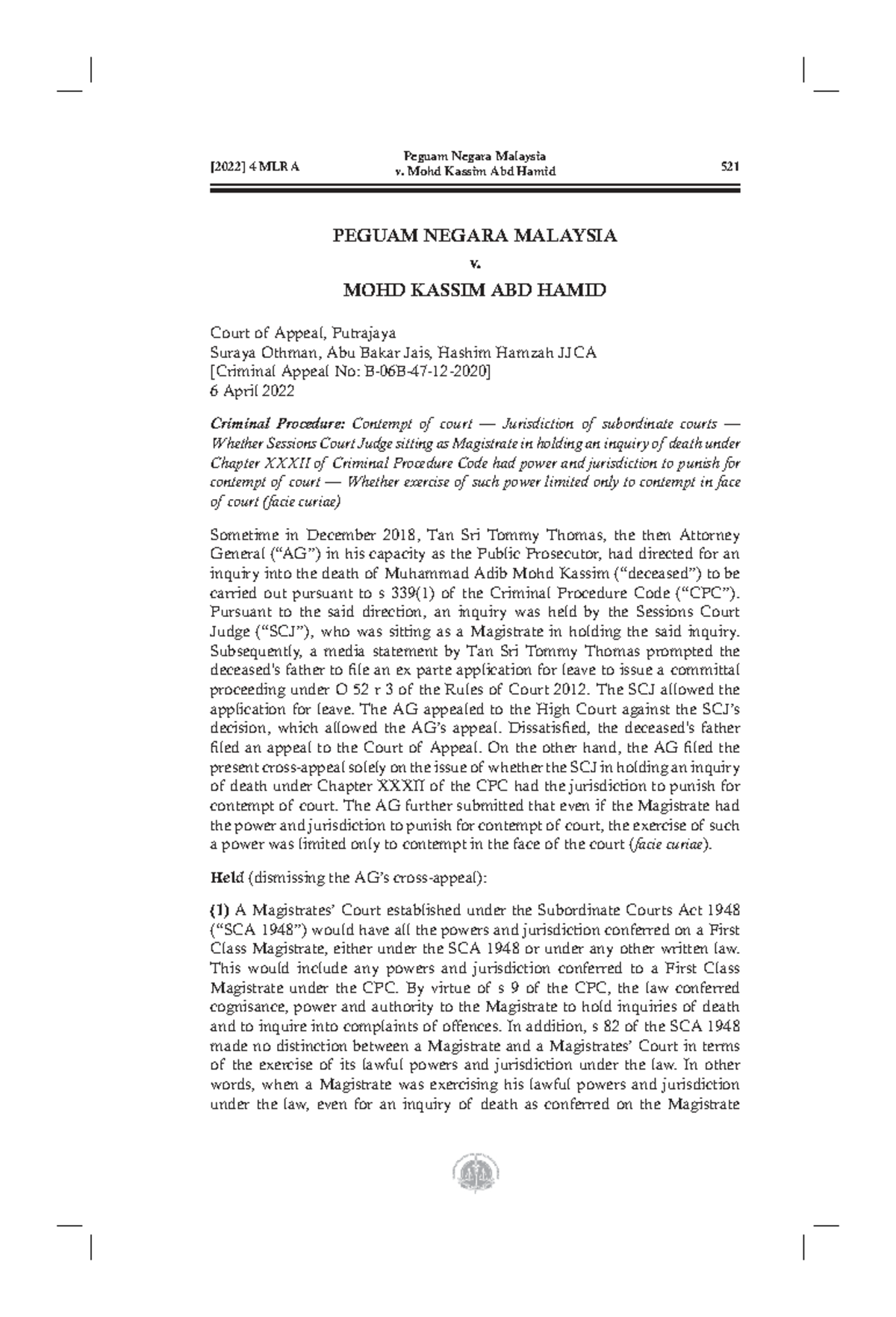 4 MLRA PP v. Mohd Kassim: Jurisdiction on Contempt of Court - Studocu