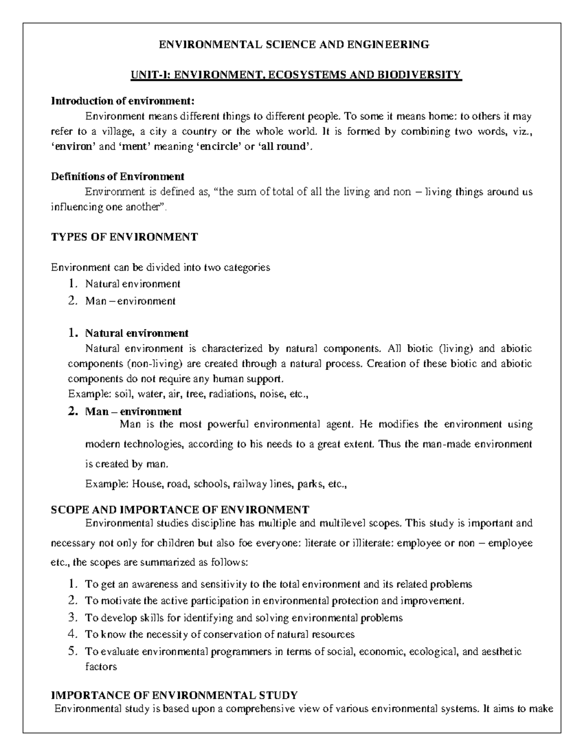 EVS 101: Unit 1 Notes on Environment, Ecosystems & Biodiversity - CBCS ...