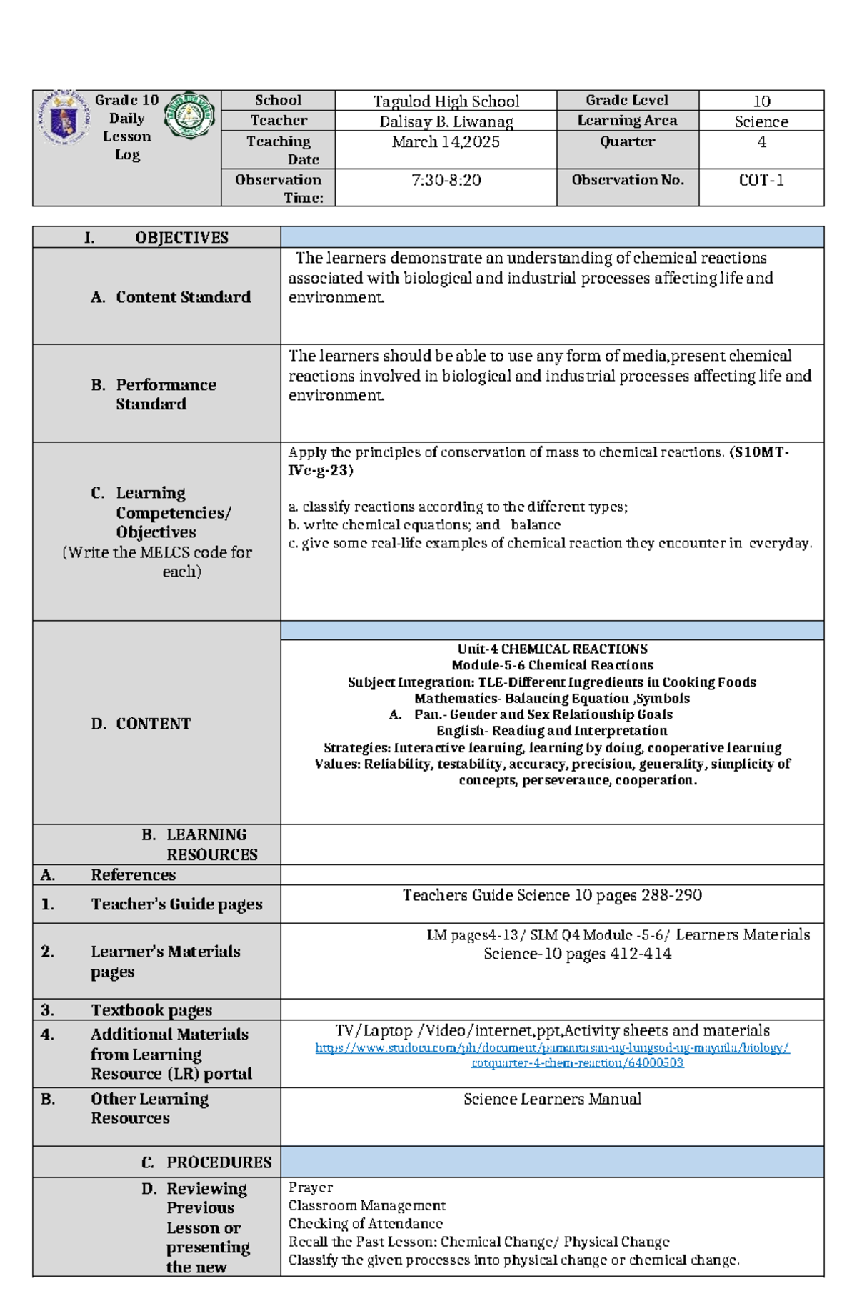 COT-1 Lesson Log Q4: Exploring Chemical Reactions in Science 10 - Studocu