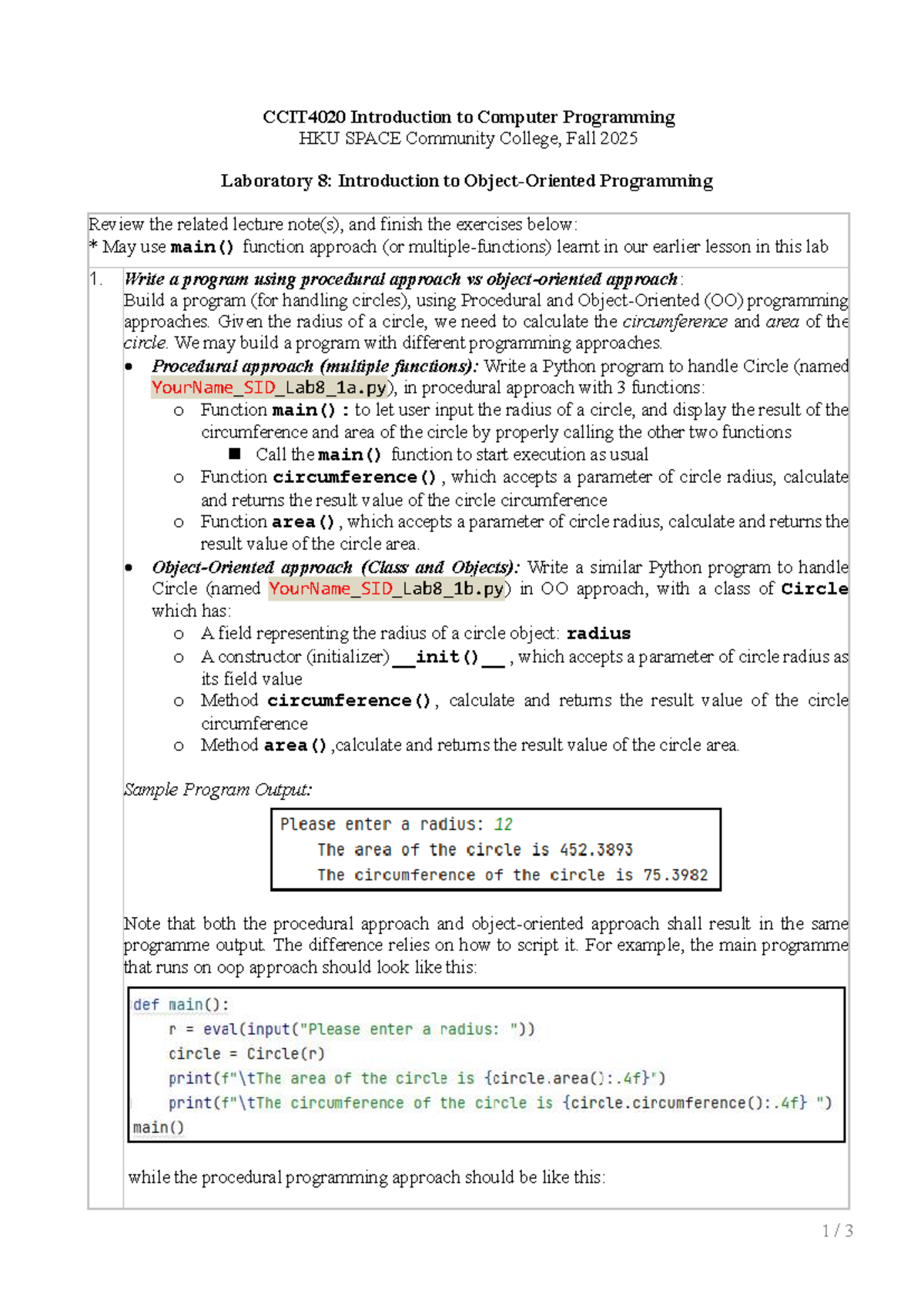 CCIT4020 Lab 8: Object-Oriented Programming - Studocu