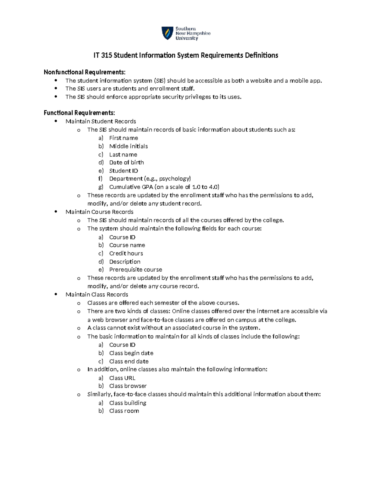 IT 315 Student Information System Requirements Overview - Studocu