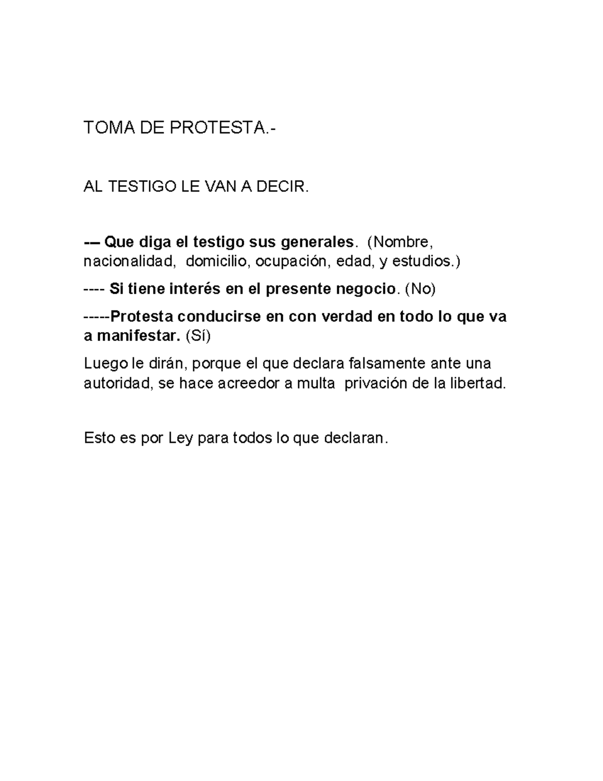 Protesta A Testigos - Derecho civil I - TOMA DE PROTESTA.- AL TESTIGO ...