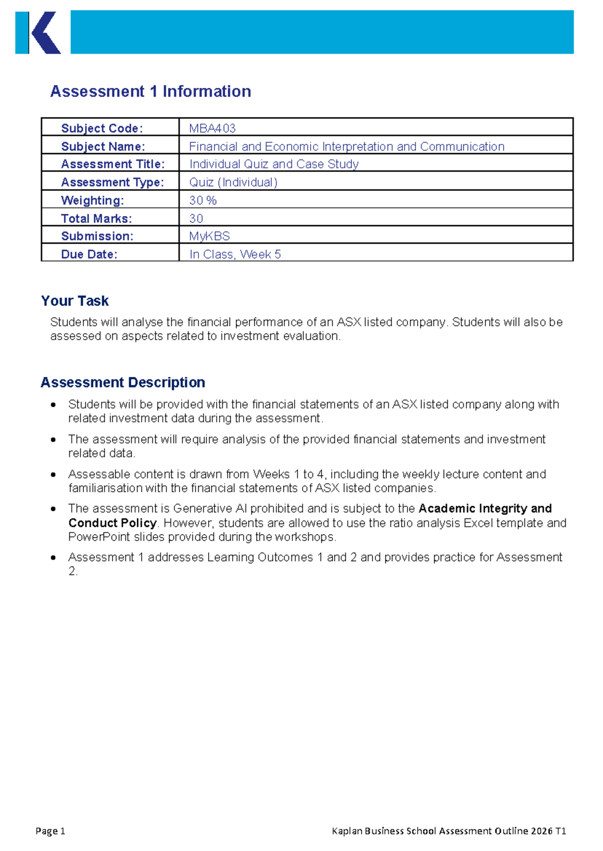 MBA403 T1 2026 Individual Quiz & Case Study Assessment 1 Outline - Studocu