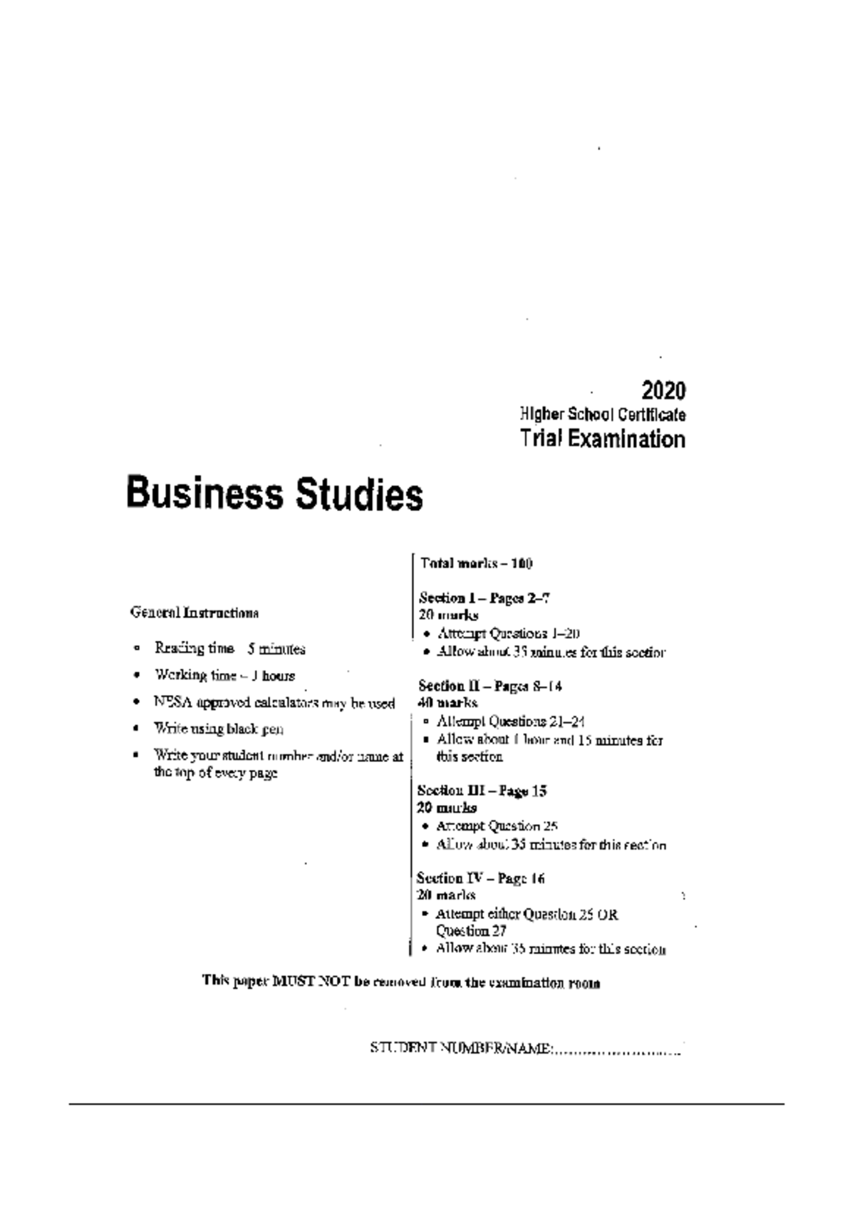 2020 HSC Trial Exam Business Studies - Independent Study Guide - Studocu