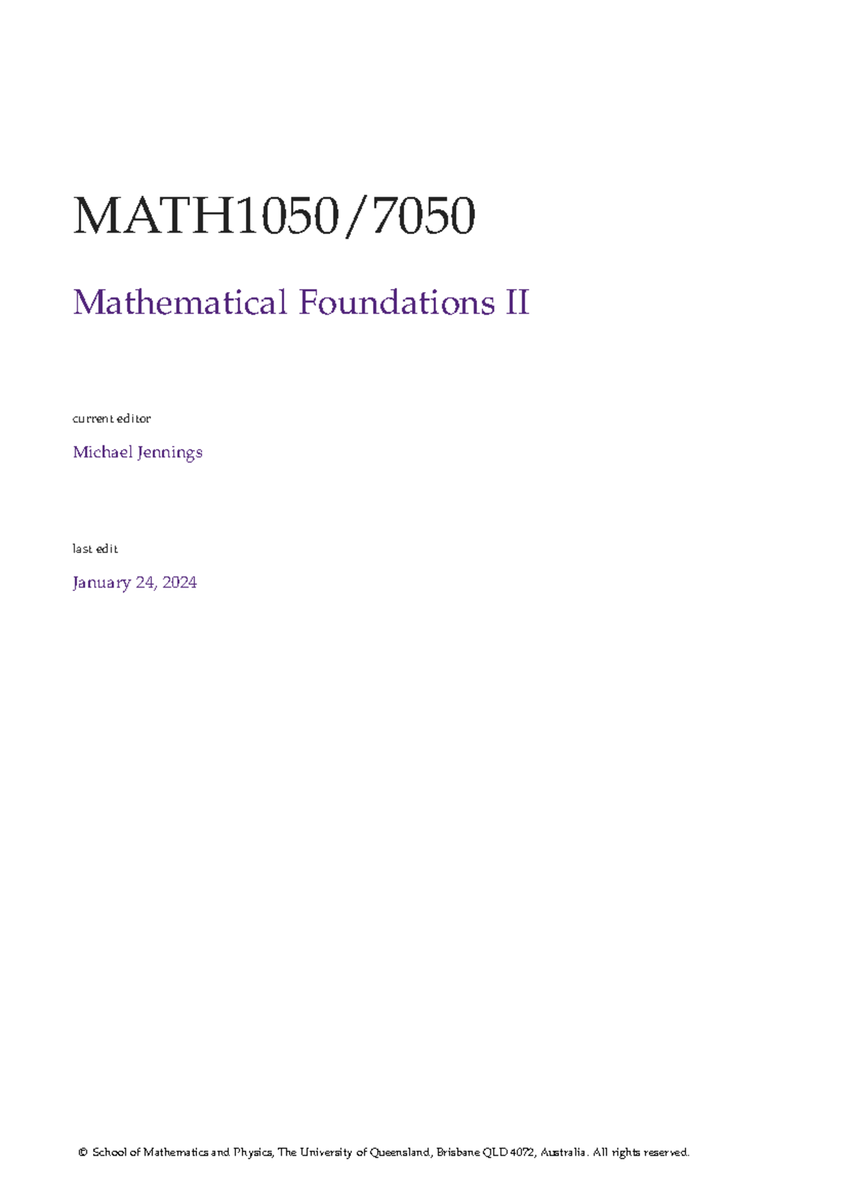 MATH1050 Lecture Notes: Mathematical Foundations II Overview - Studocu