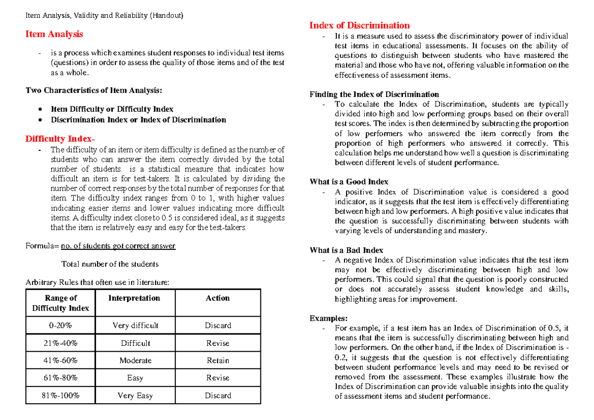 Item Analysis, Validity and Reliability Handout 1 - Summary of Key ...