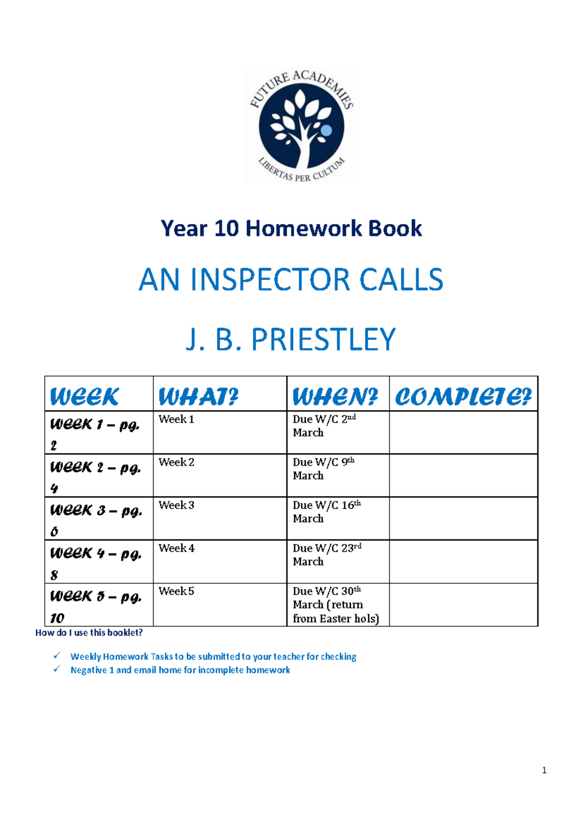 Year 10 An Inspector Calls Homework Book - Spring Term 2 - Studocu