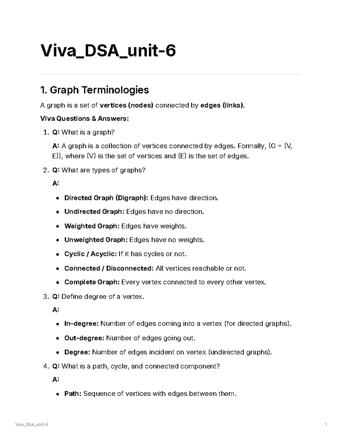 Viva DSA Unit-6: Graph Terminologies and Key Concepts - Studocu