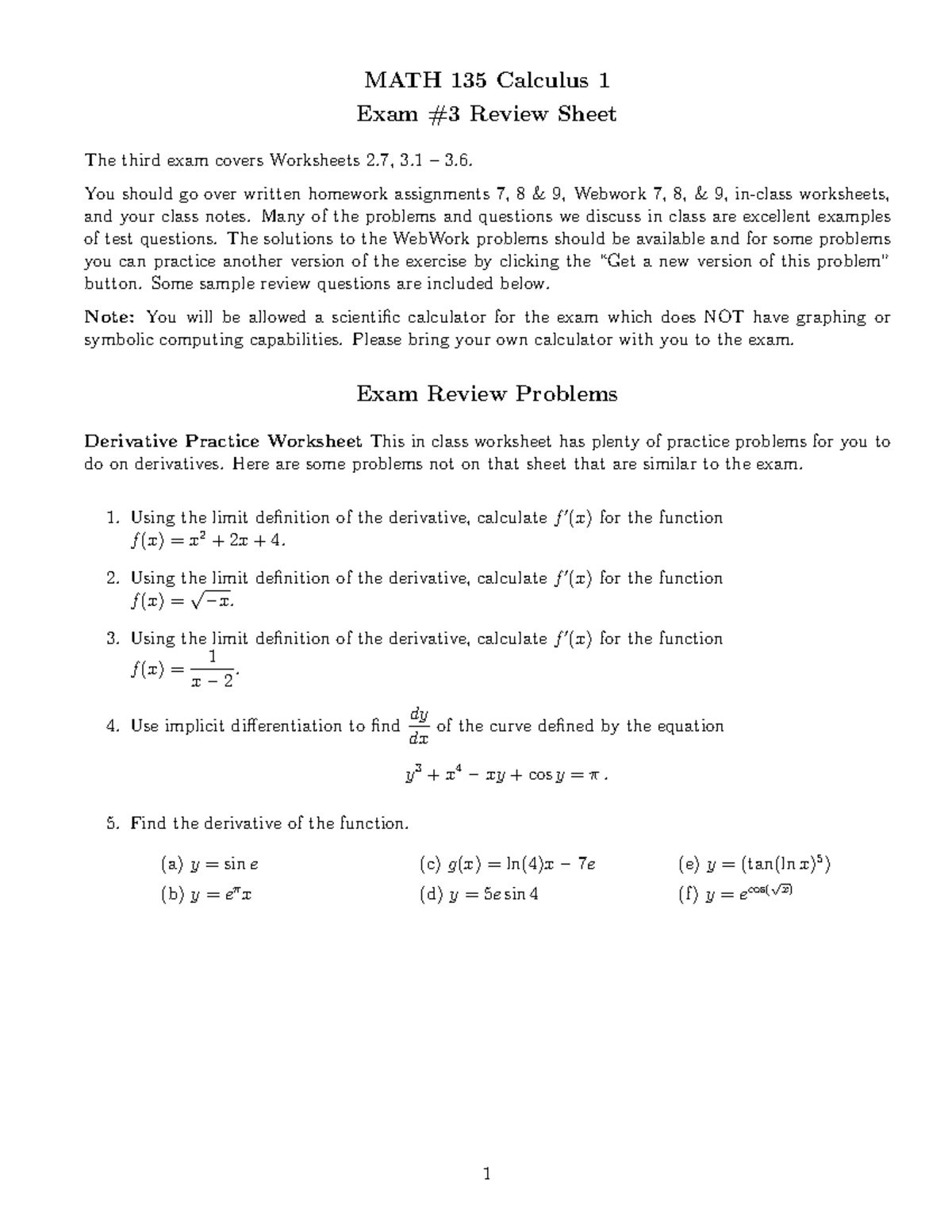 MATH 135 Calculus 1 Exam #3 Review Sheet - Studocu