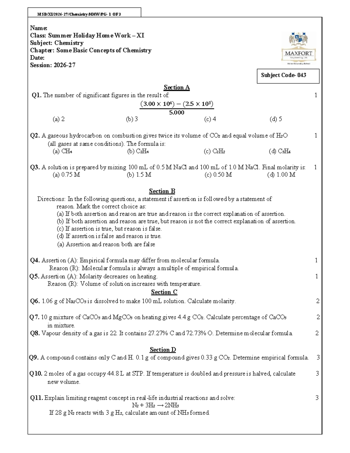 MSD XI Chemistry Summer Homework 2026-27: Basic Concepts & Structure of ...
