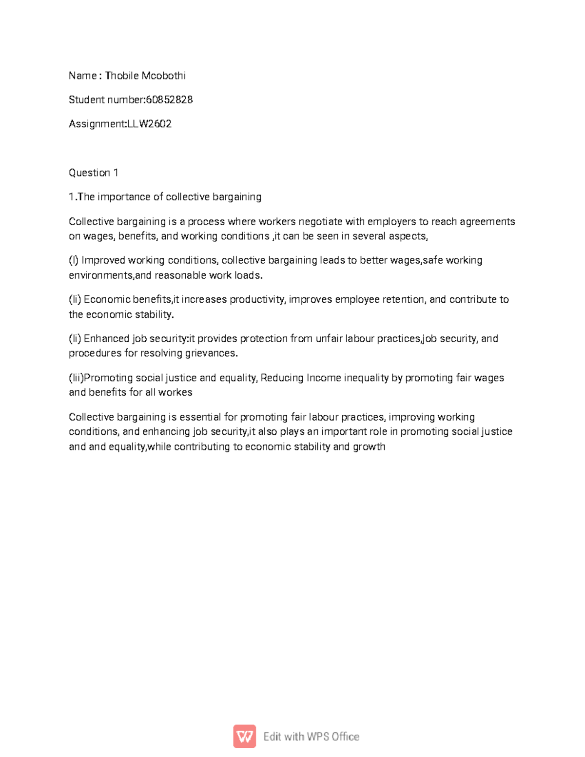 LLW2602 Assignment 2: The Importance of Collective Bargaining - Studocu