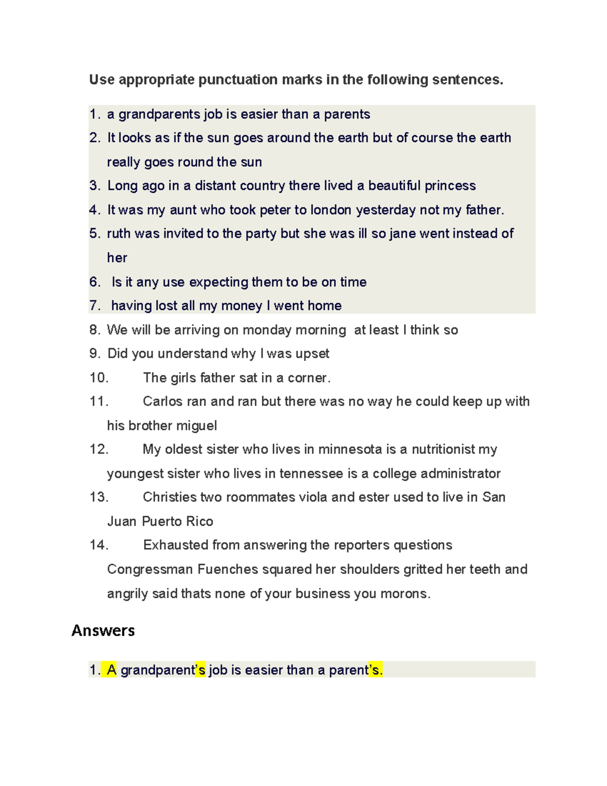 Punctuation Exercise with Answers: Correcting Sentences - Studocu