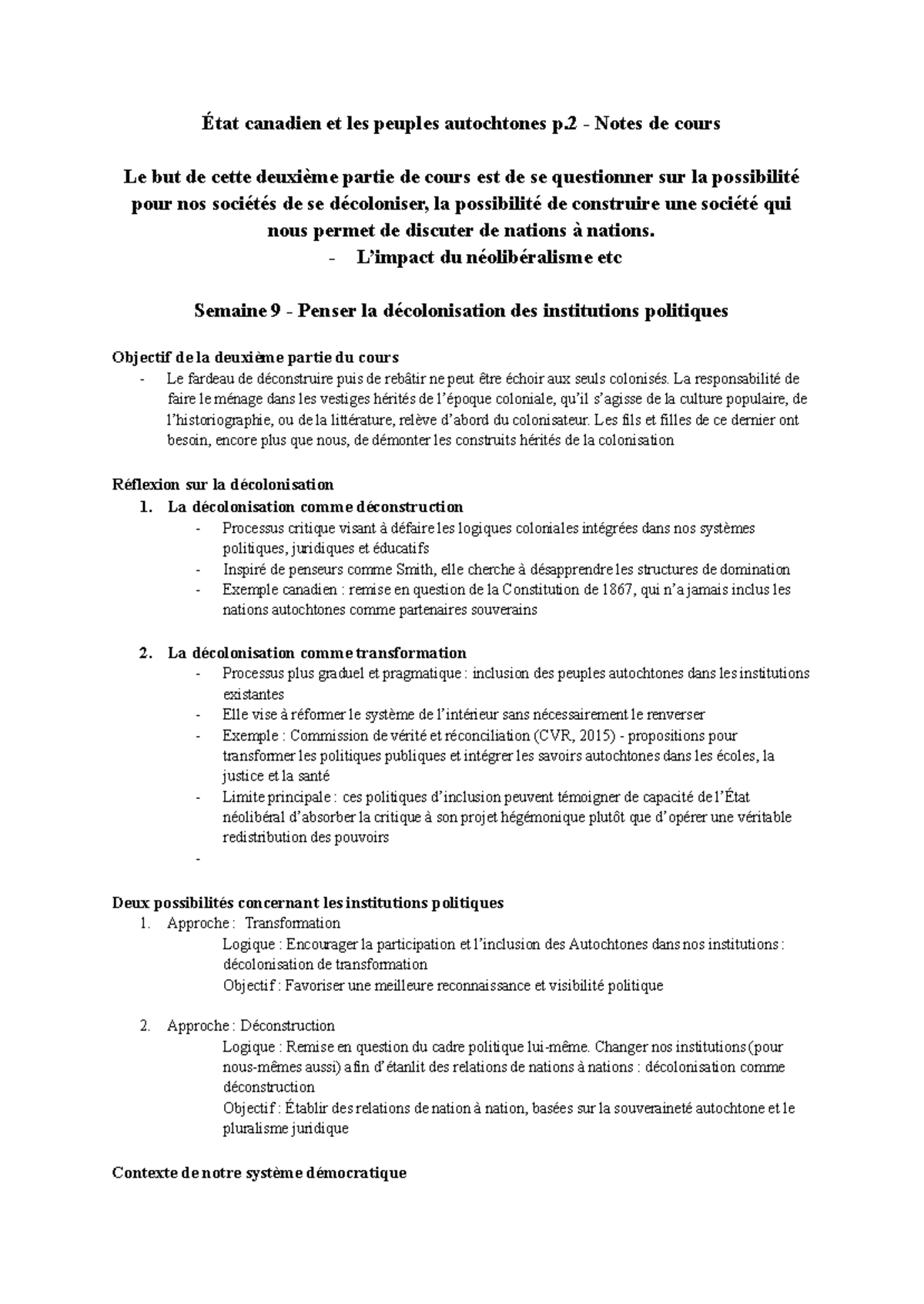 État canadien et décolonisation des peuples autochtones - Notes de ...