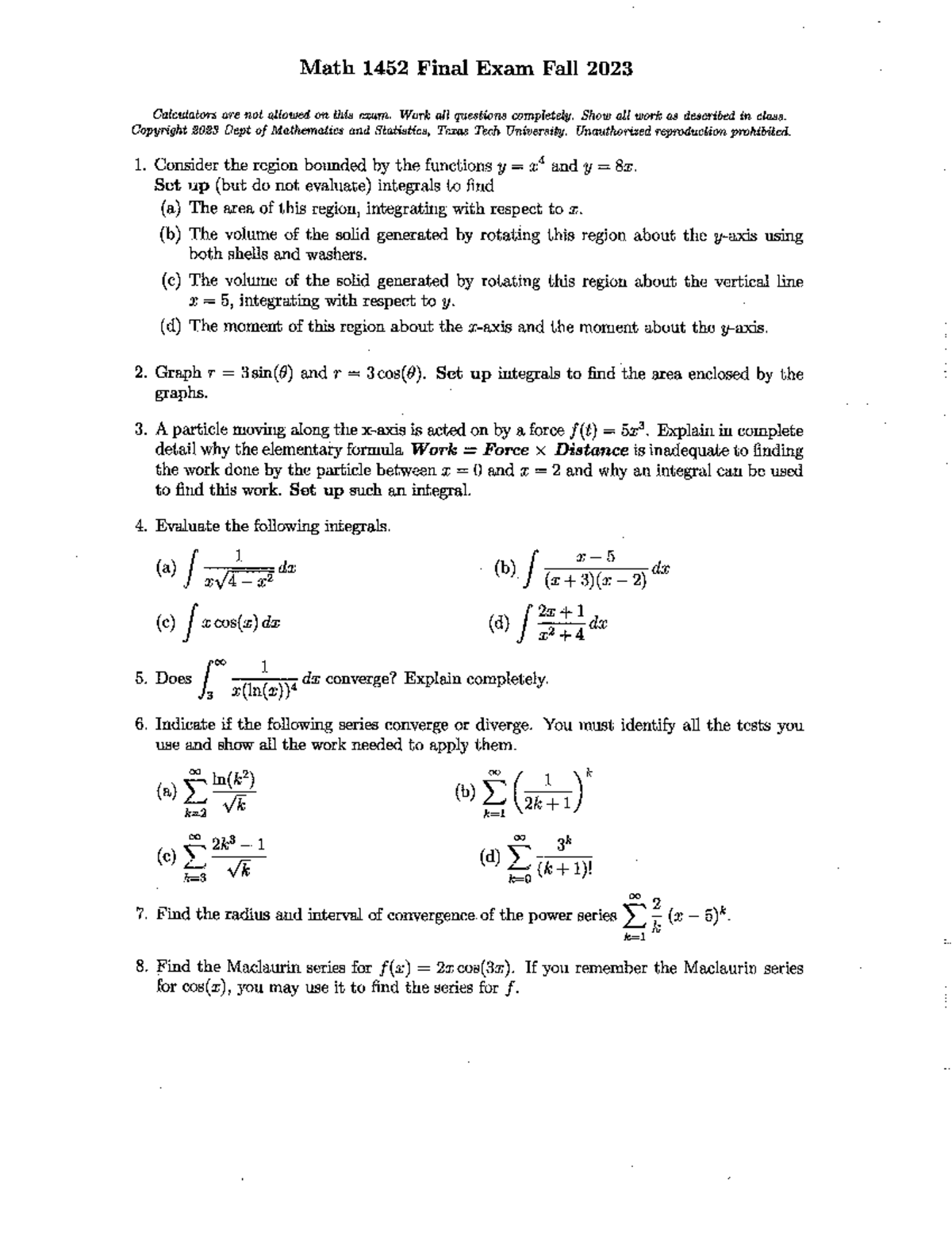 Math 1452 Final Exam Review Fall 2023: Key Concepts and Problems - Studocu