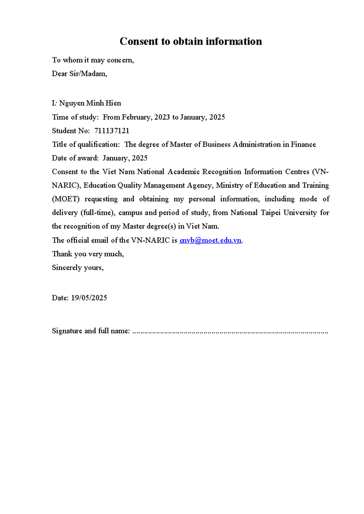 Naric Consent Form for MBA in Finance - VNNARIC Approval - Studocu