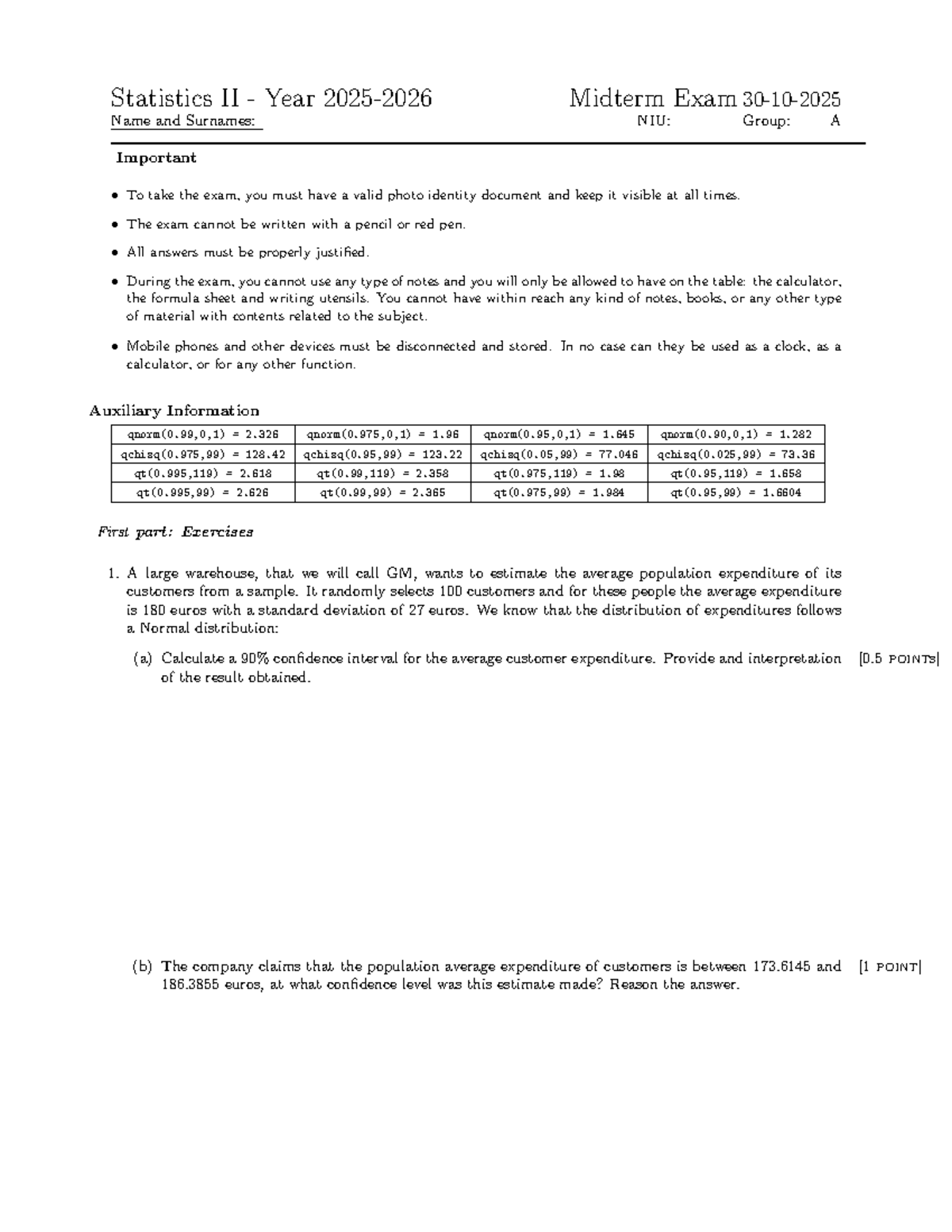 Statistics II (2025-2026): Midterm Exam Group A Guidelines and ...