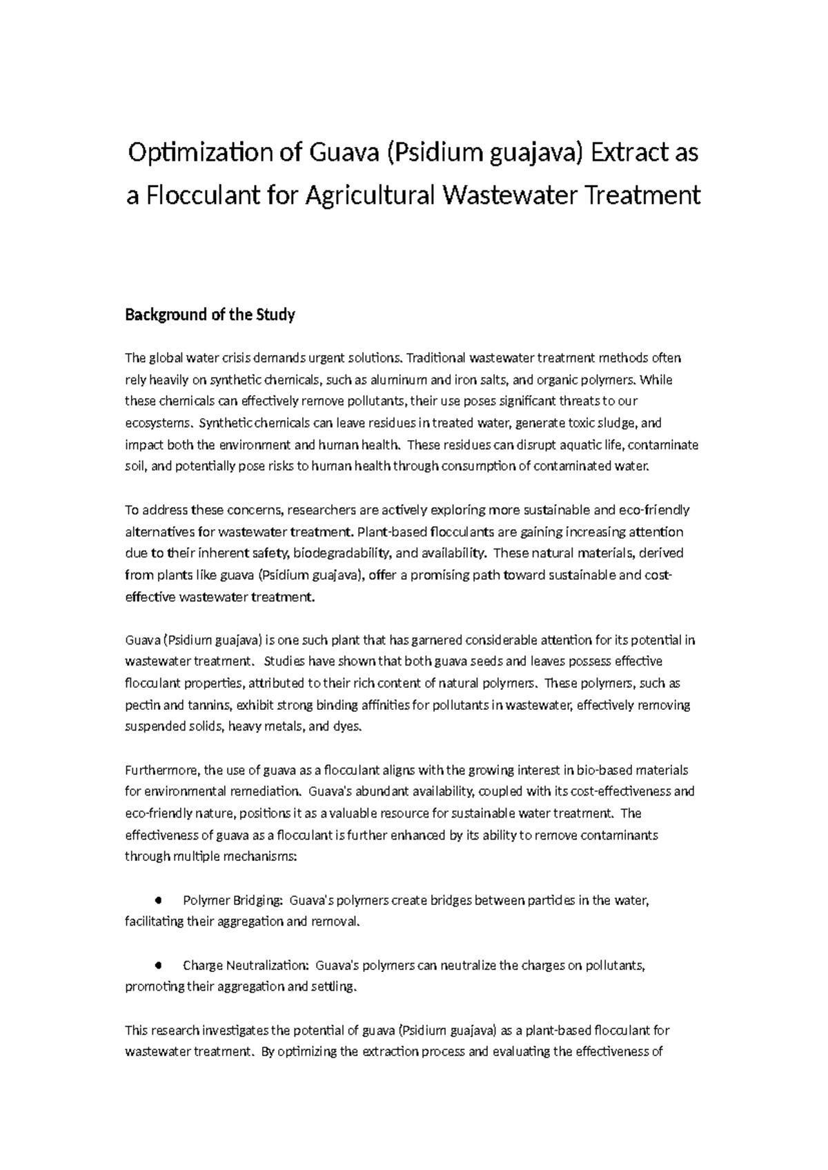 Optimization of Guava (Psidium guajava) Extract as a Flocculant for ...
