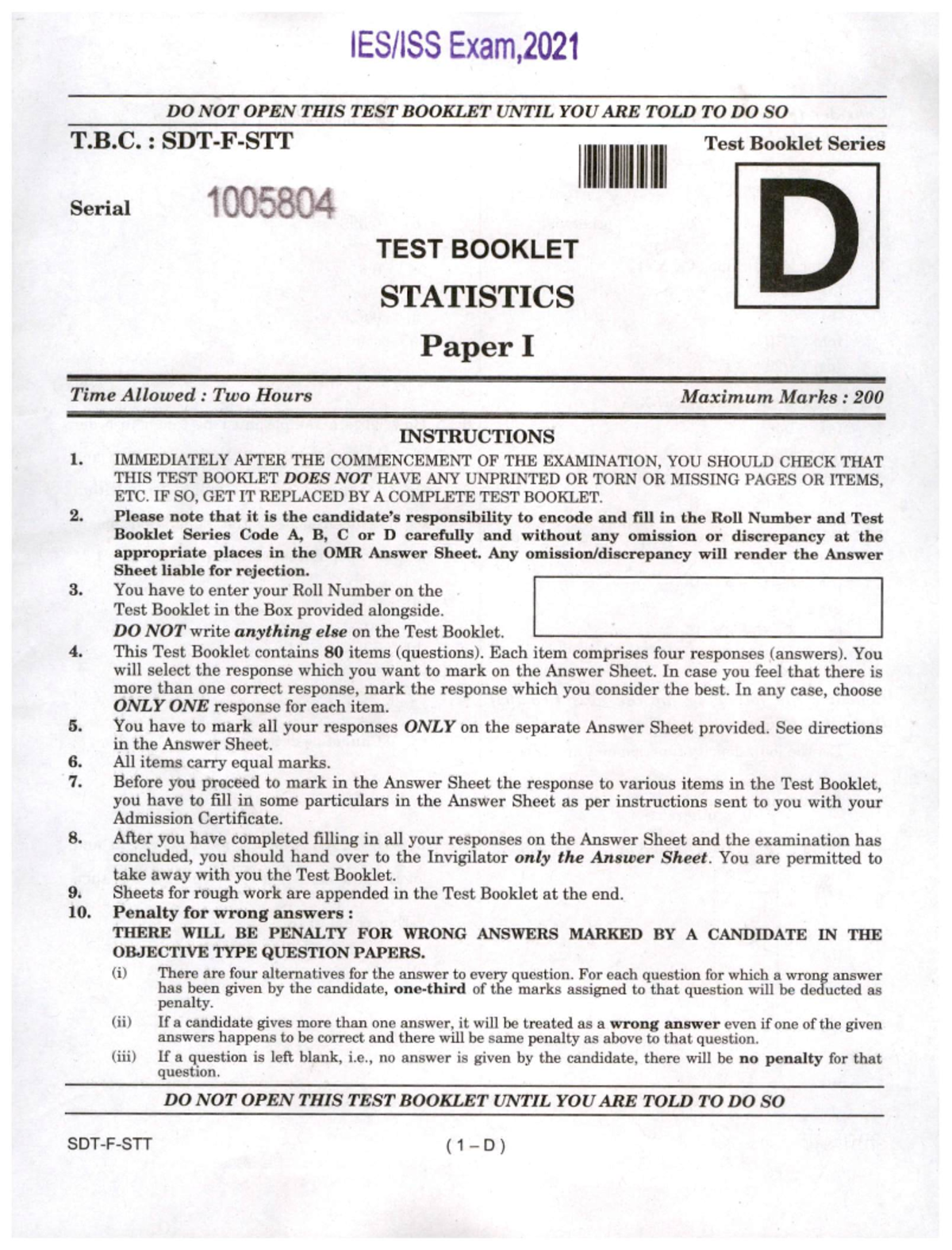 Statistics I QP 2021: Test Booklet for Paper I Exam - Studocu
