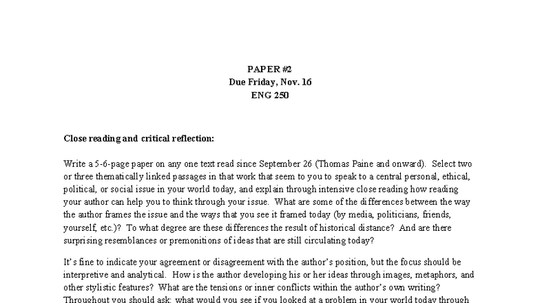 ENG 250 Paper #2: Close Reading & Critical Reflection Notes - Studocu
