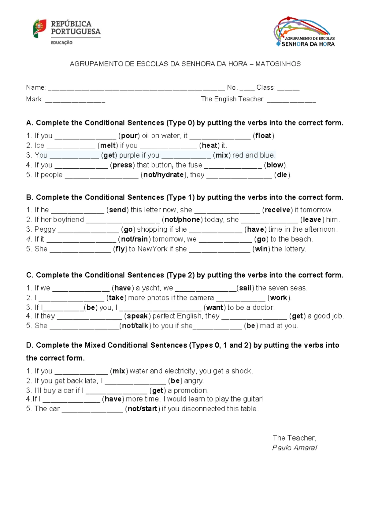 Test on Conditional Sentences Types 0, 1, or 2 - 9th Grade - Studocu