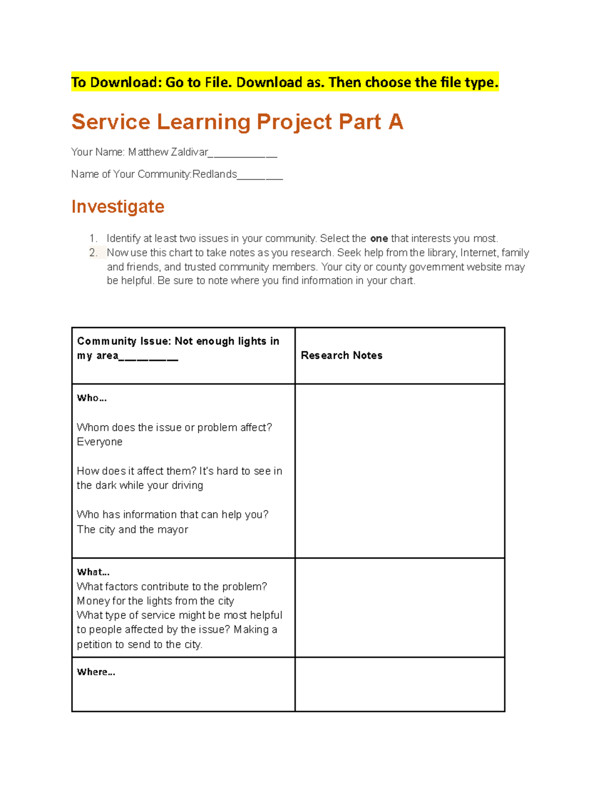 Service learning project part A: Community issues and research notes ...