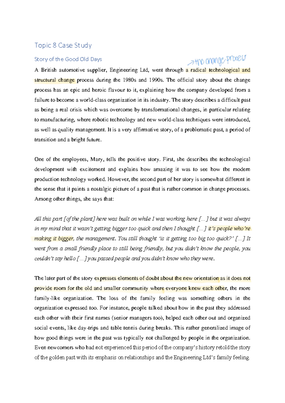 BUS230 Topic 8 Case Study: The Transformation of Engineering Ltd. - Studocu