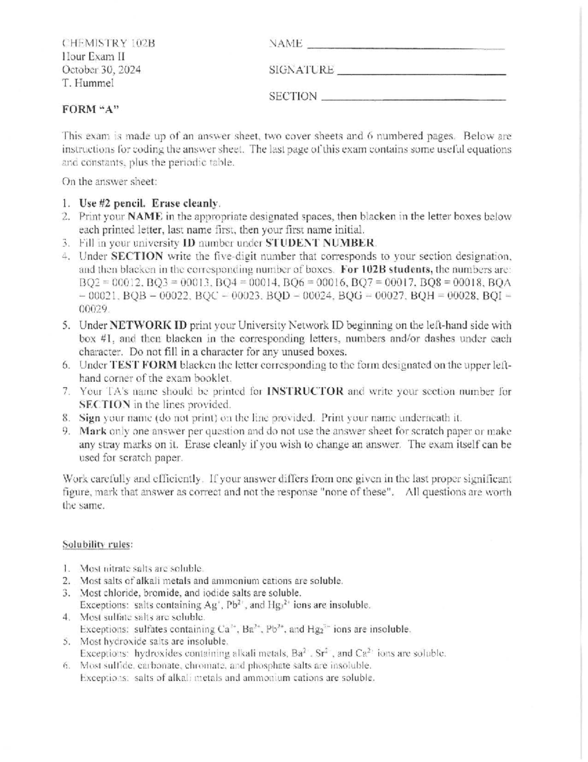 CHEMISTRY 102B Hour Exam II Review - Fall 2024 - Studocu