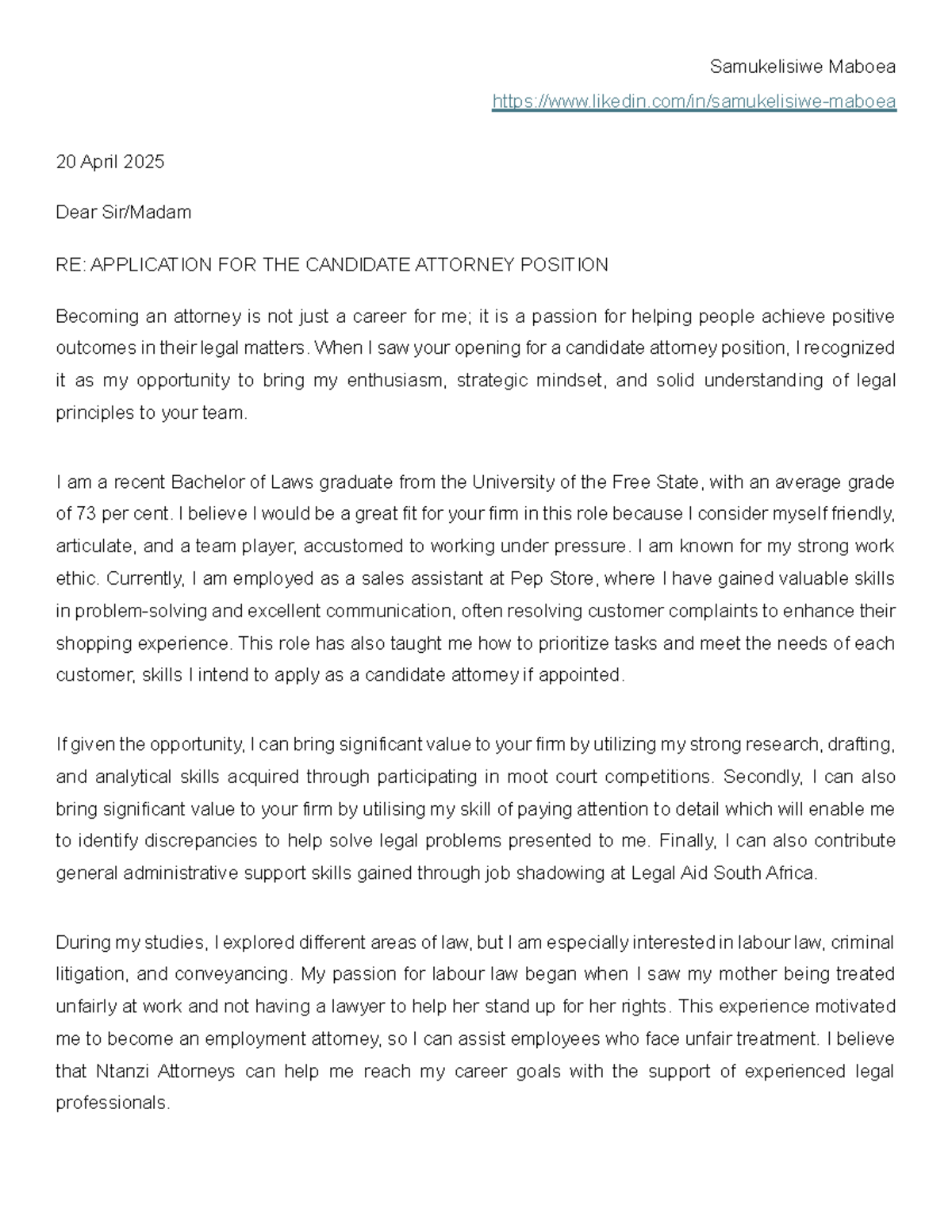 Application for Candidate Attorney Position - Samukelisiwe Maboea - Studocu