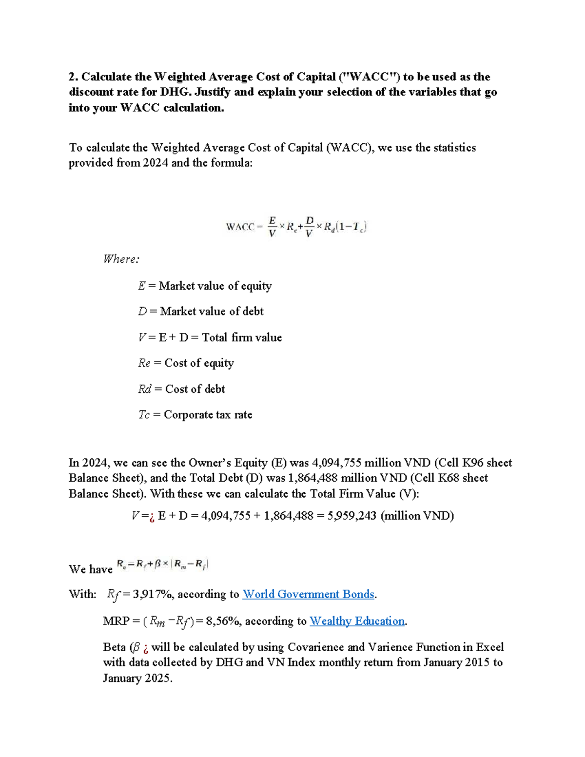 WACC Calculation and Analysis for DHG (2024) - Studocu