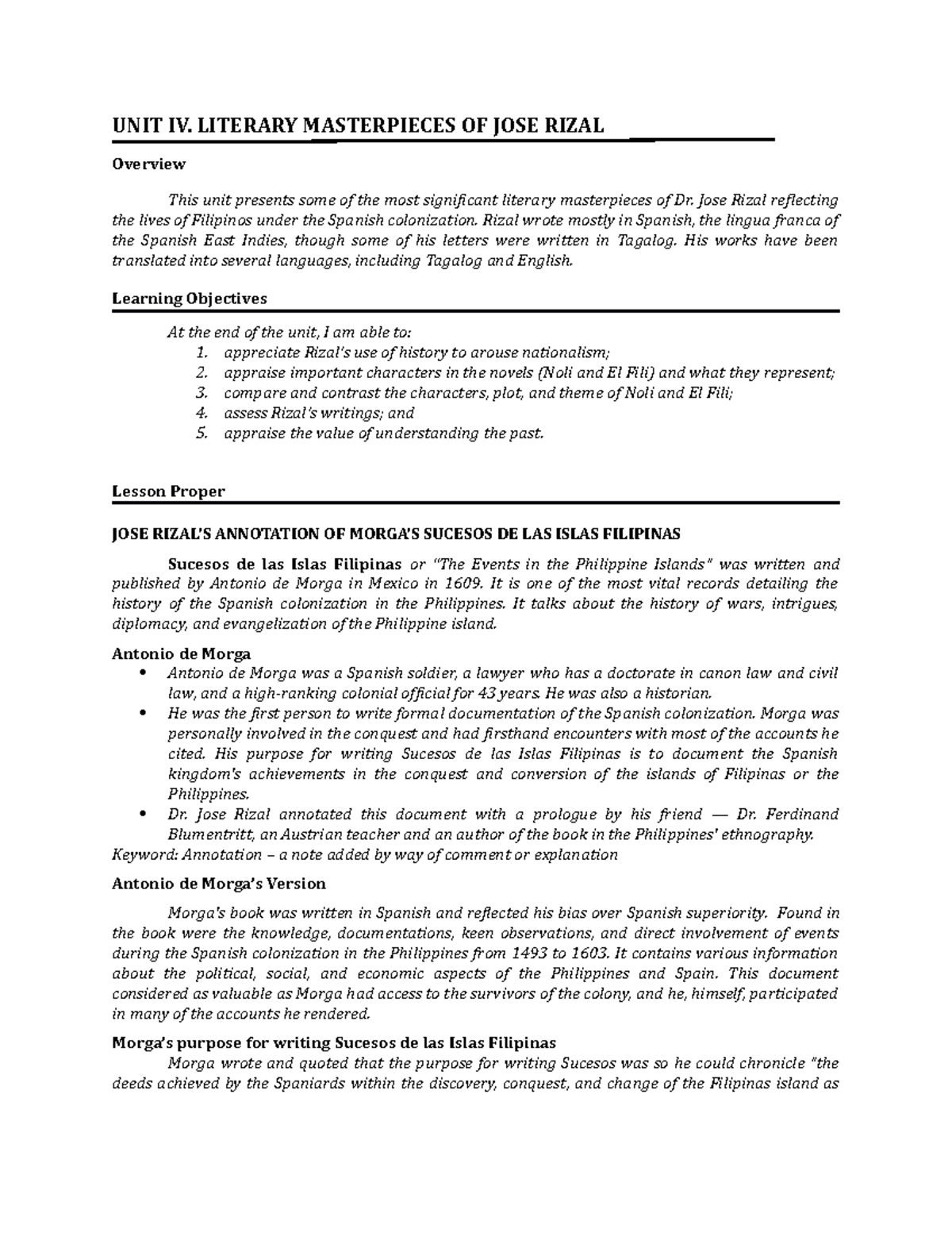 Unit IV: Masterpieces of Jose Rizal - Literary Analysis & Annotations ...