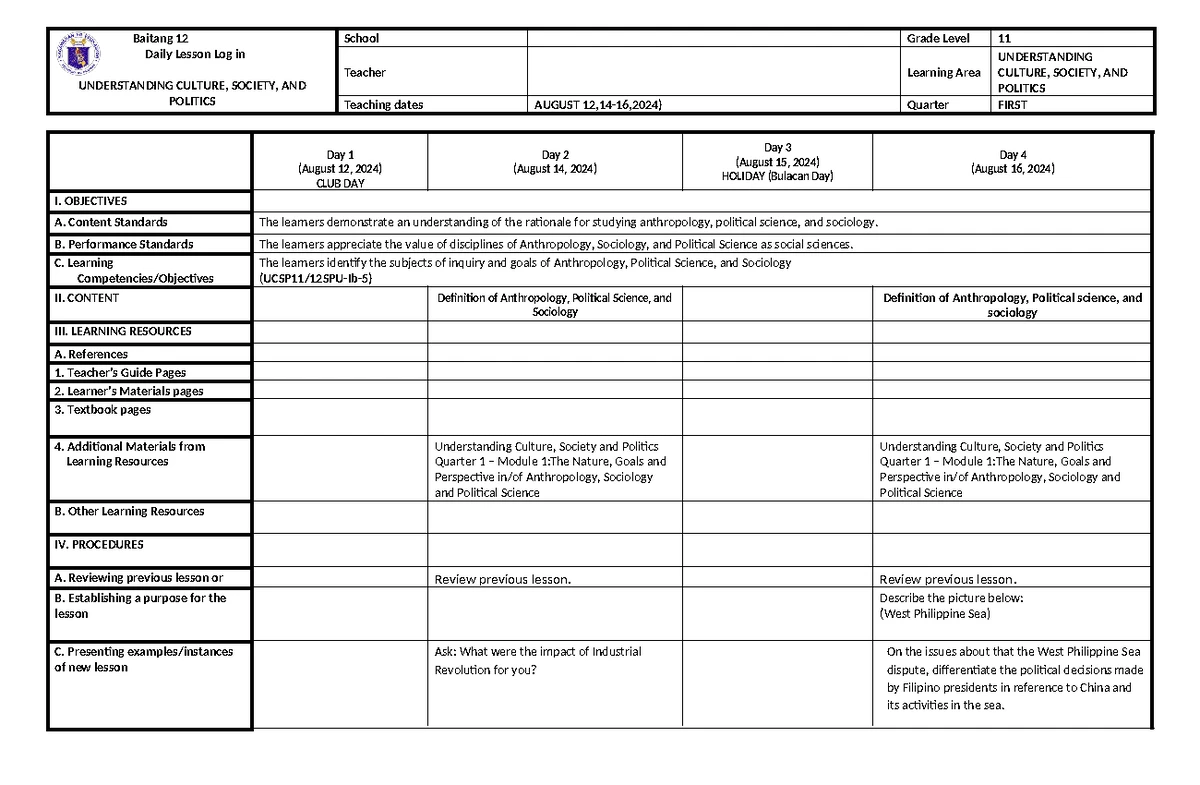 TLE10-Q1: Daily Lesson Log for Cookery - Week 1 Overview - Studocu