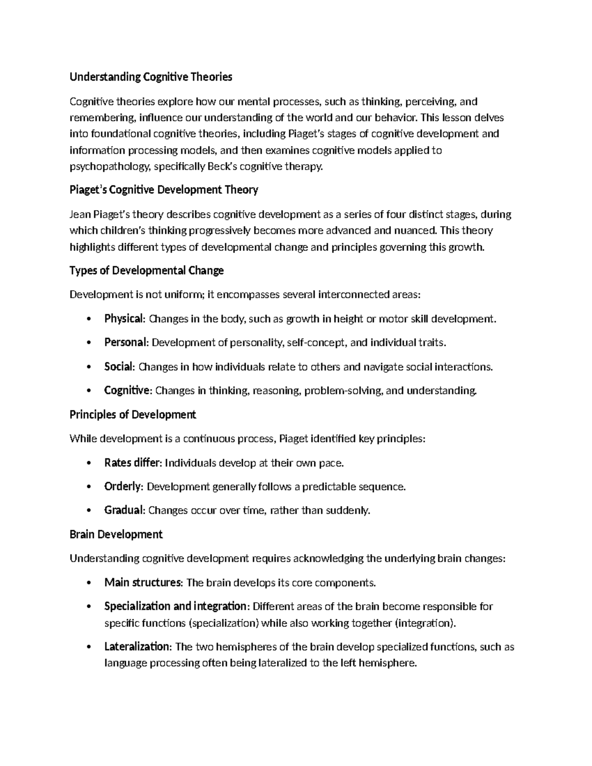 Cognitive Theories Overview: Development, Processing & Psychopathology ...